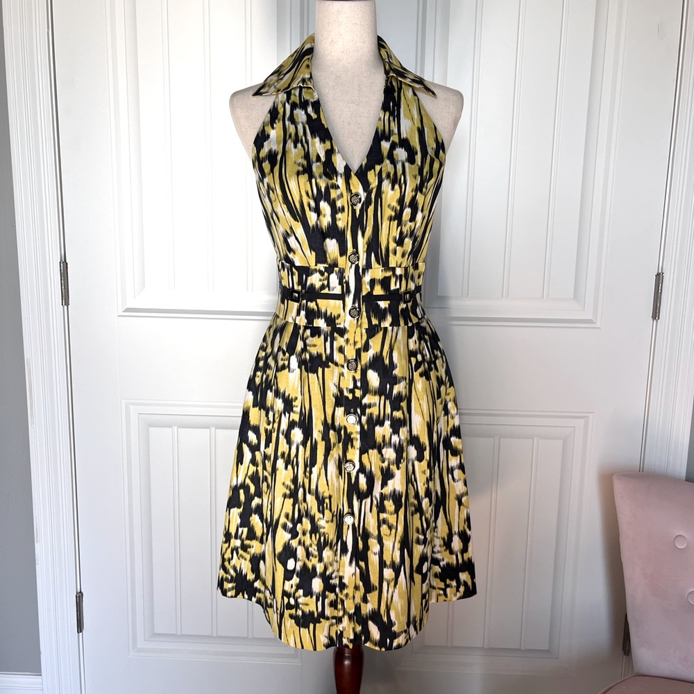 Antonio Melani Sundress with Collar, Size 6, Navy, White & Chartreuse